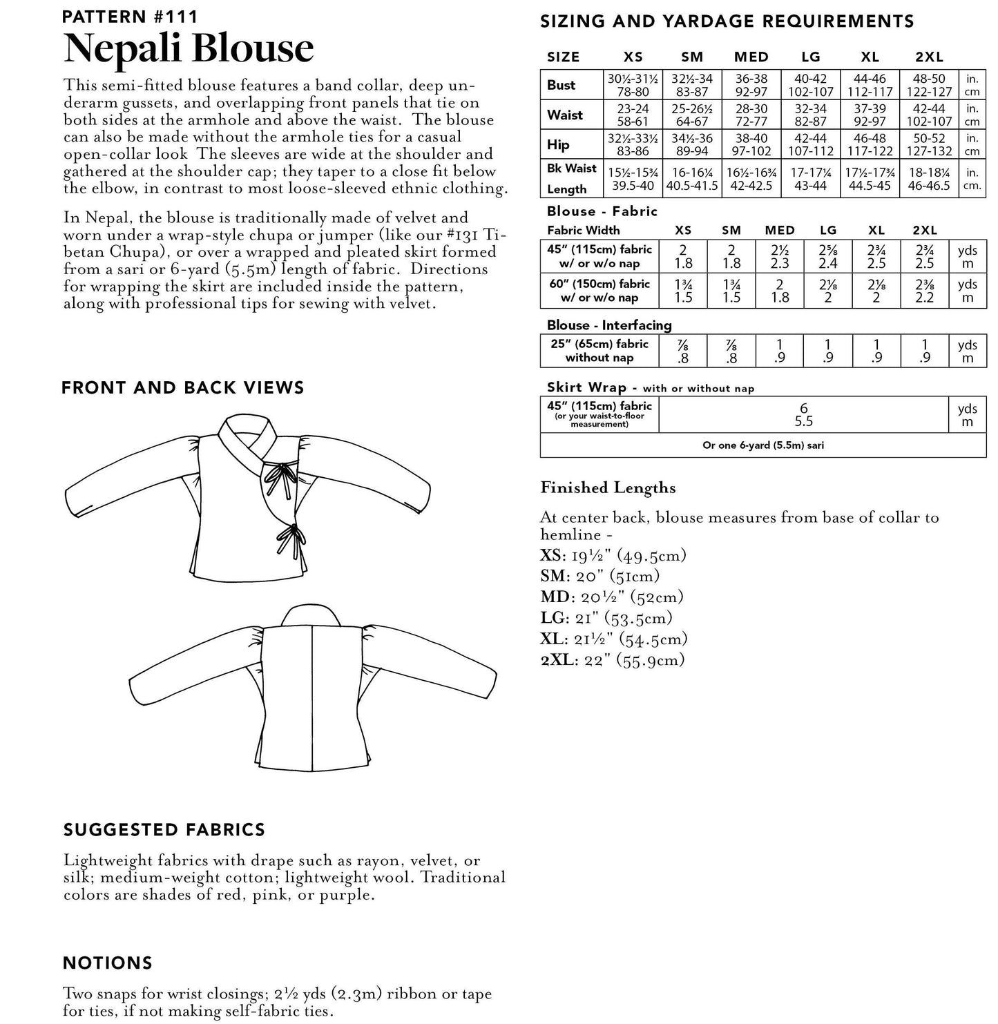 111 Nepali Blouse - Sewing Pattern