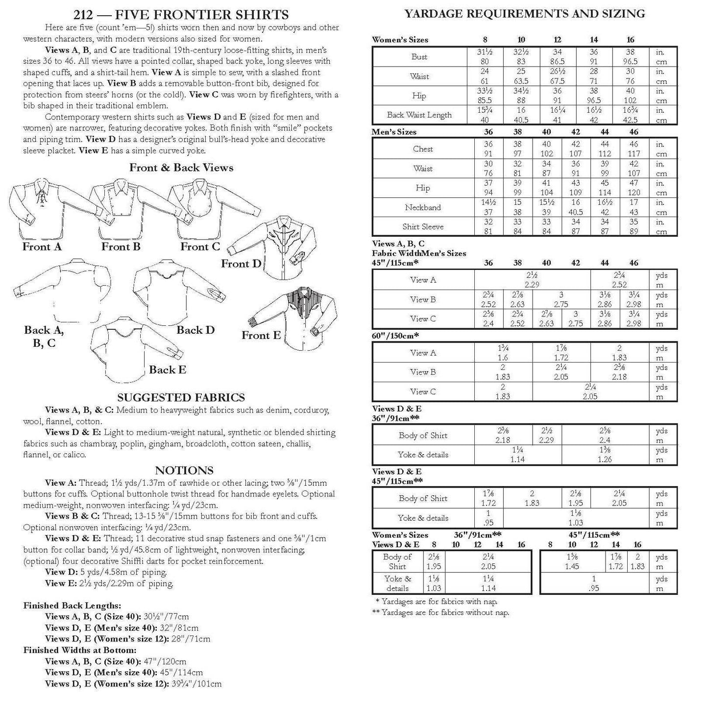 212 Five Frontier Shirts - Sewing Pattern