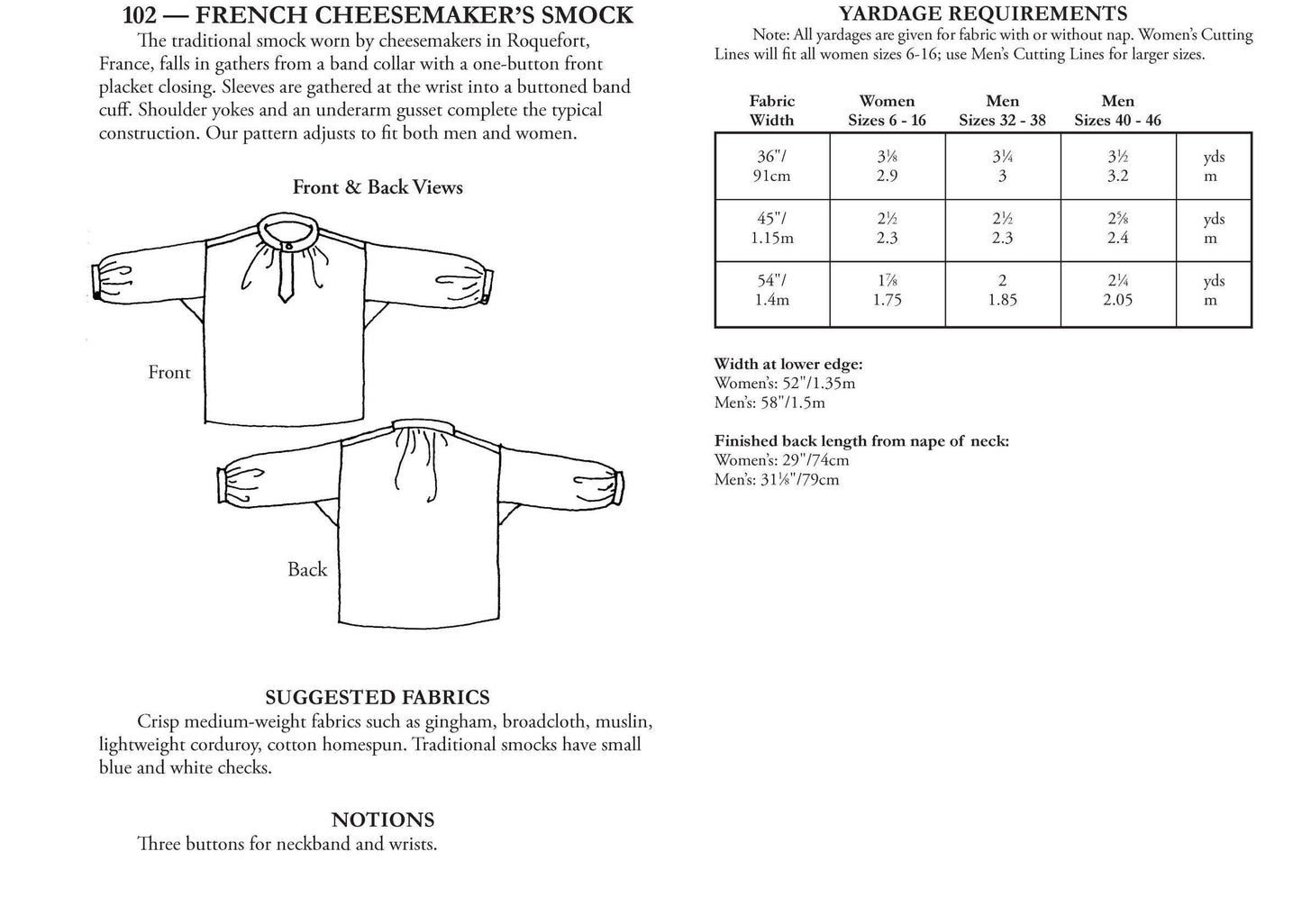 102 French Cheesemaker's Smock Sewing Pattern