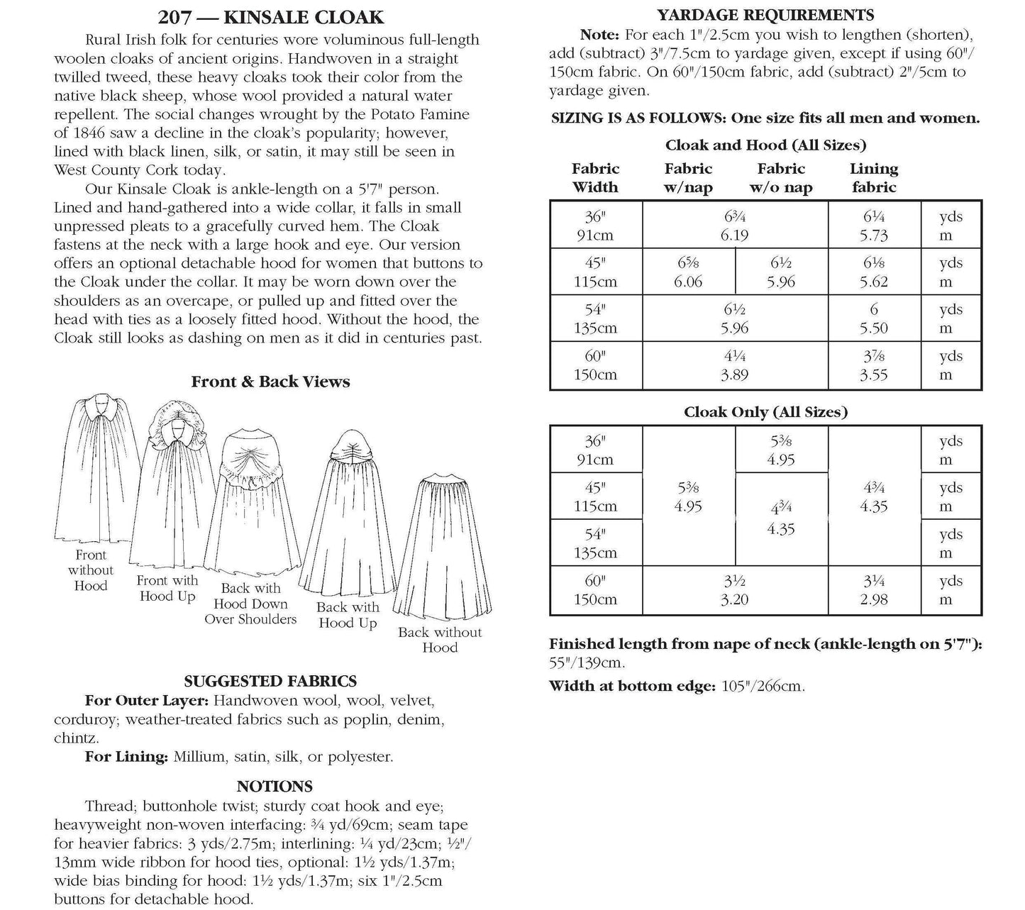 207 Kinsale Cloak Sewing Pattern