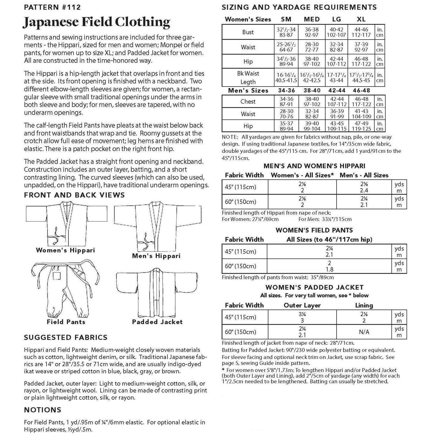 112 Japanese Field Clothing Sewing Pattern