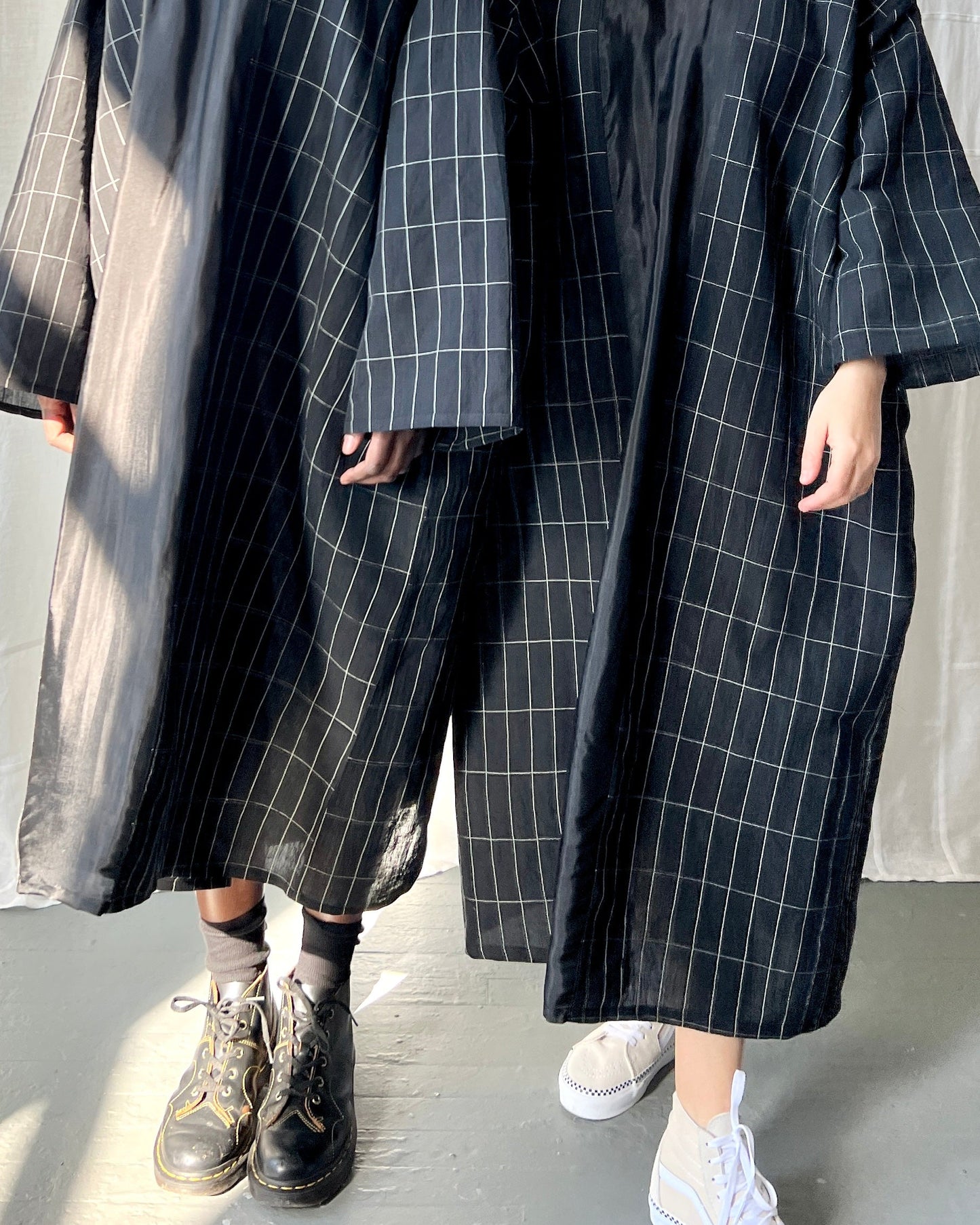 black grid linen and silk tunic