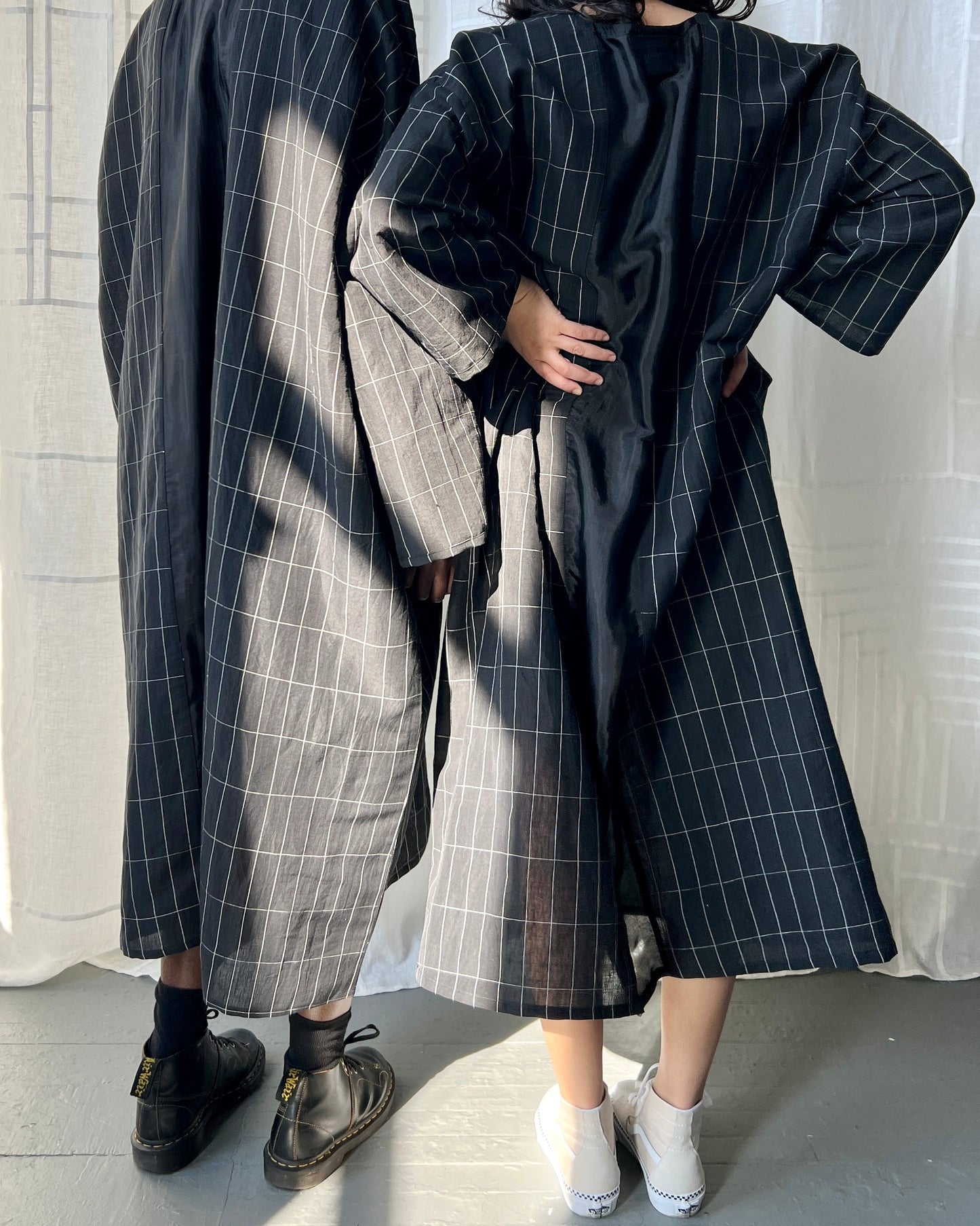 black grid linen and silk tunic