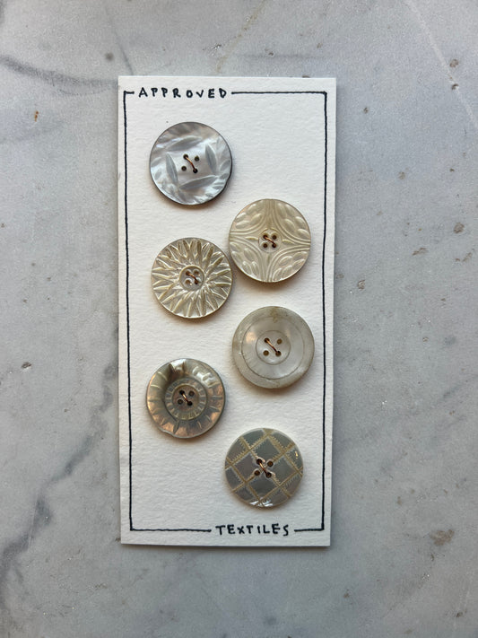 Six Fancy Carved Shell Buttons 30mm