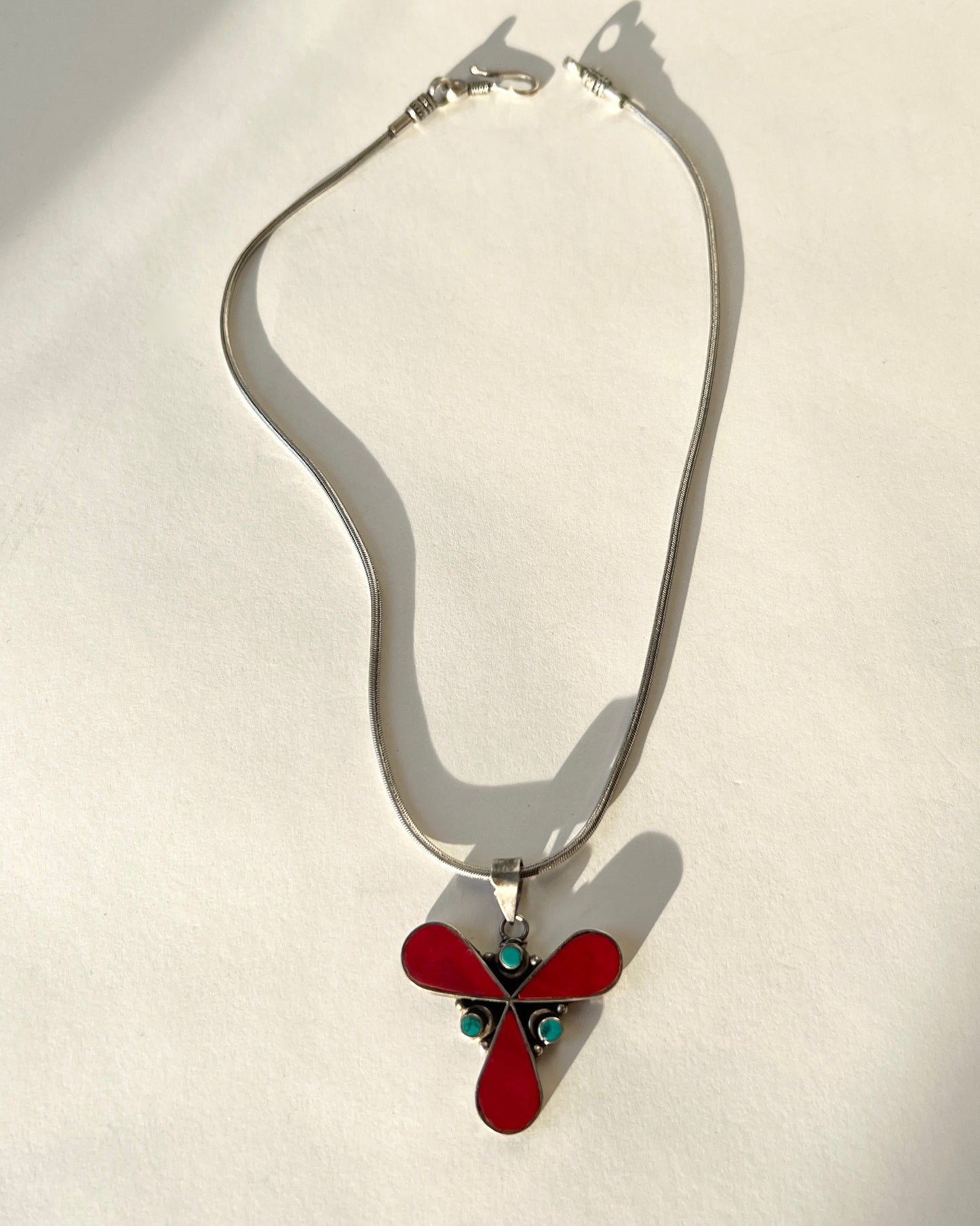 turquoise and red coral silver pendent necklace