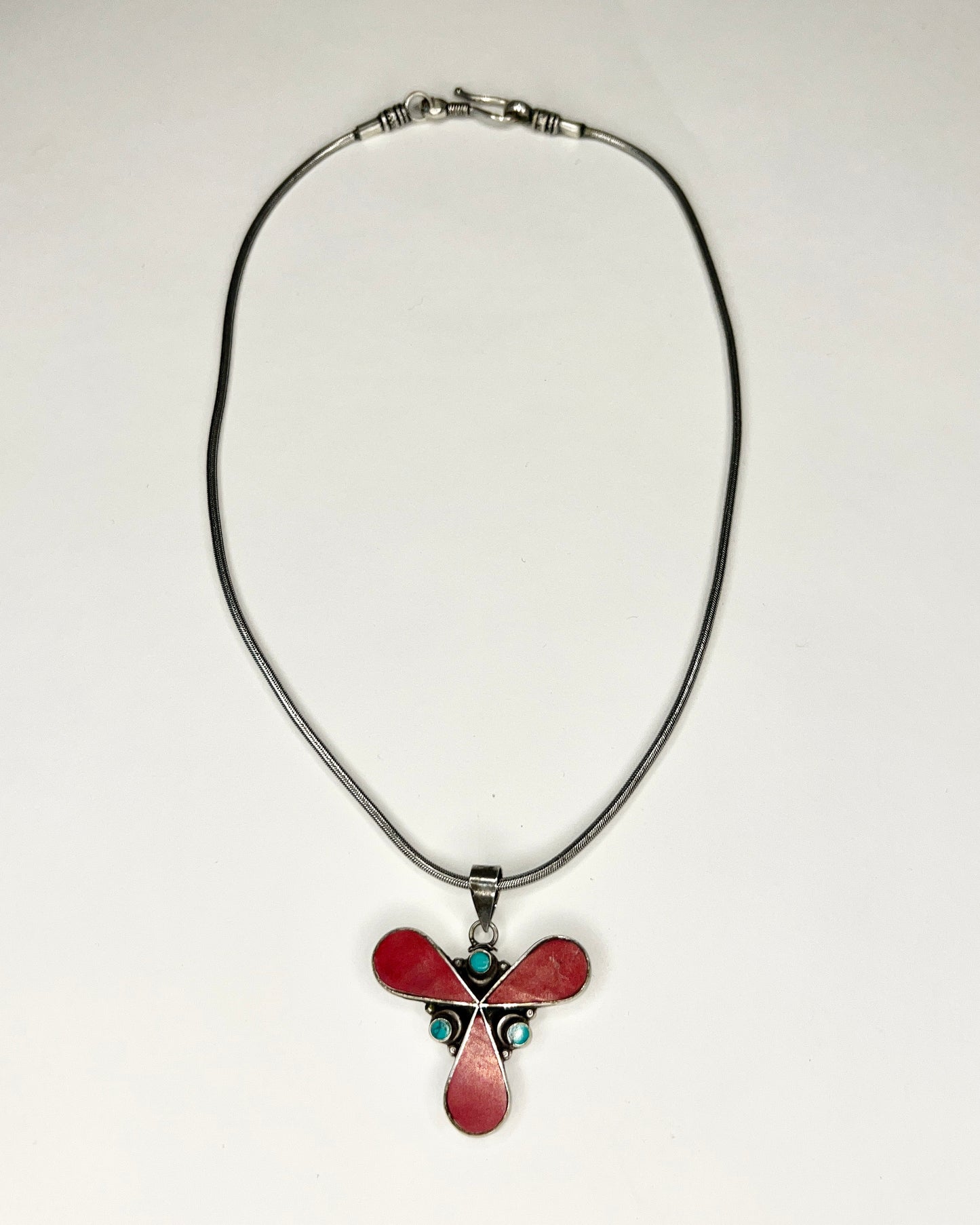 turquoise and red coral silver pendent necklace