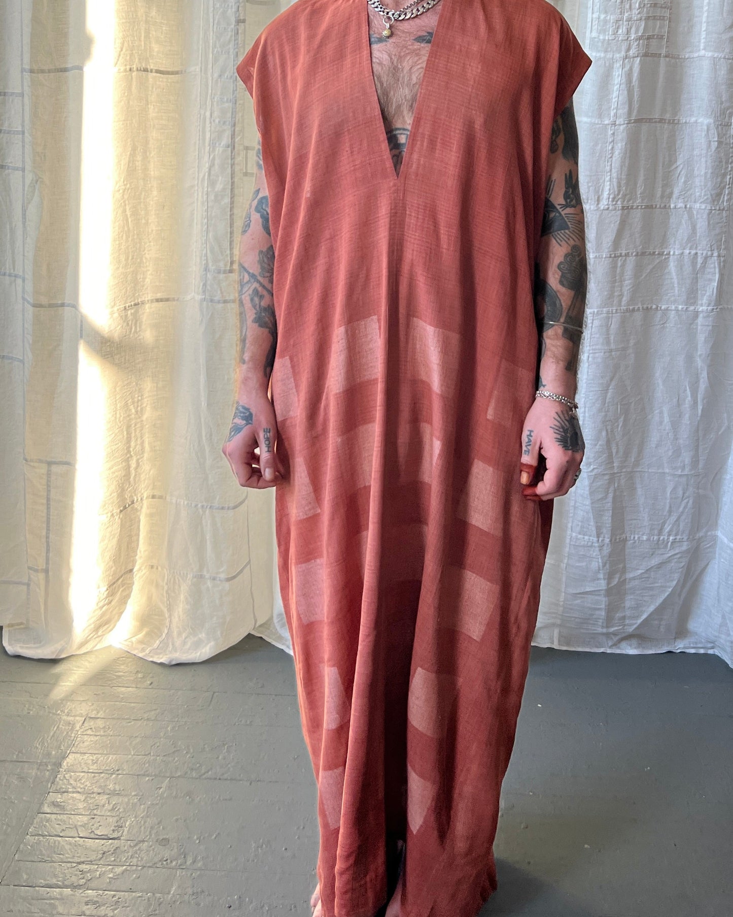 silk and cotton madder root caftan dress