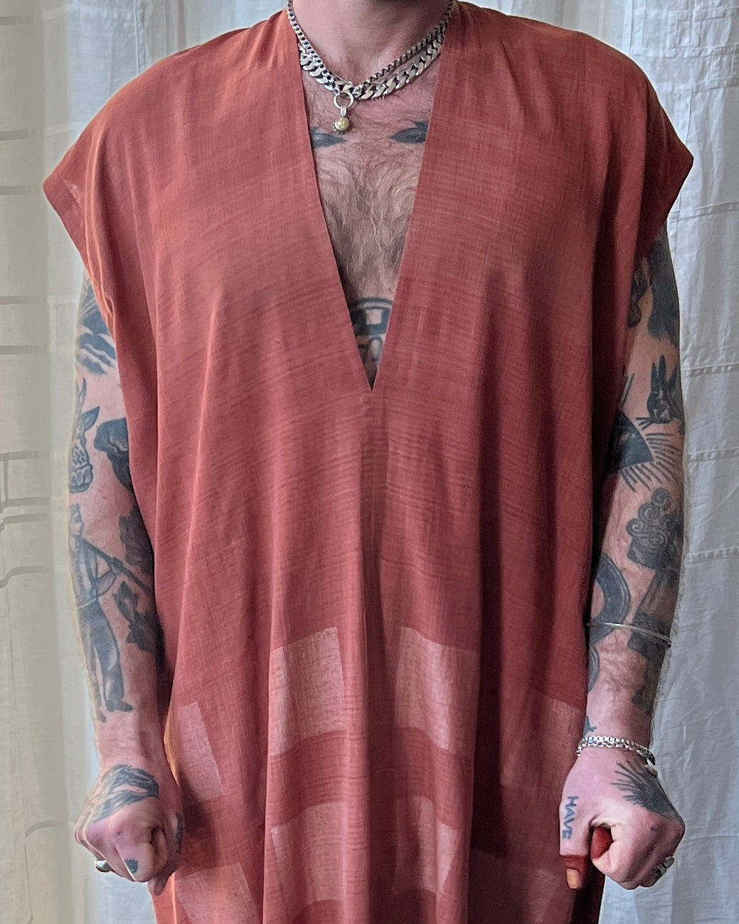 silk and cotton madder root caftan dress