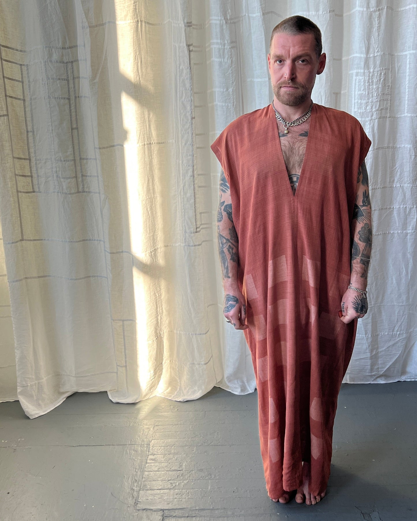 silk and cotton madder root caftan dress