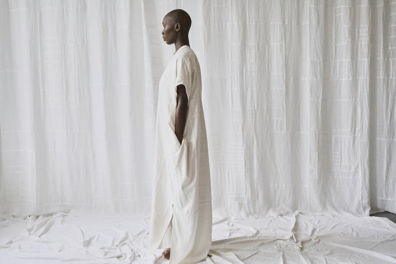 cream silk noil caftan dress