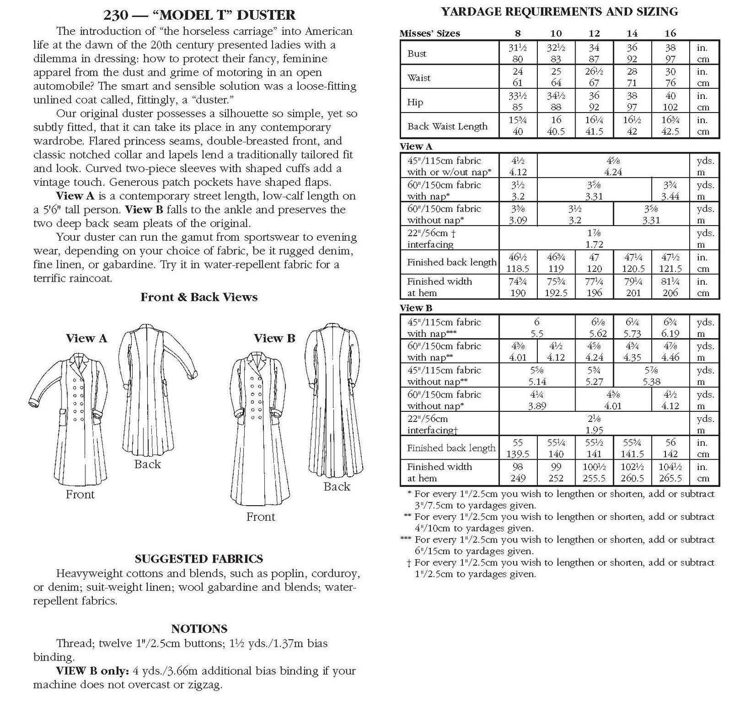 230 Model T Duster - Sewing Pattern