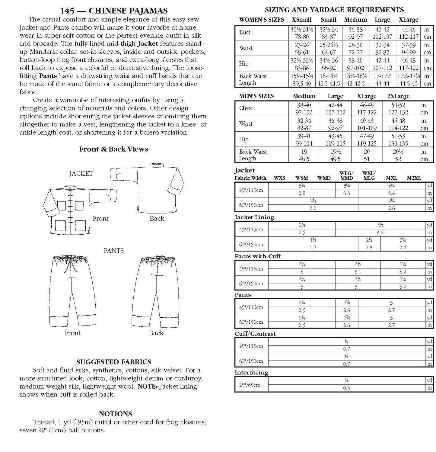 145 Chinese Pajamas - Sewing Pattern