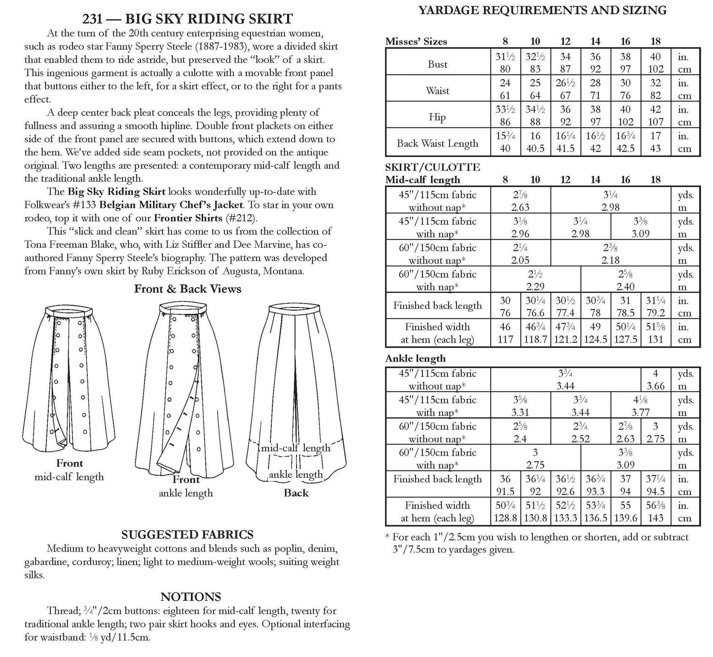 231 Big Sky Riding Skirt - Sewing Pattern