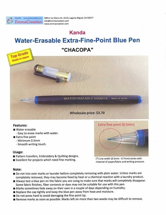 Kanda Water-Erasable Extra-Fine-Point Blue Pen "CHACOPA"