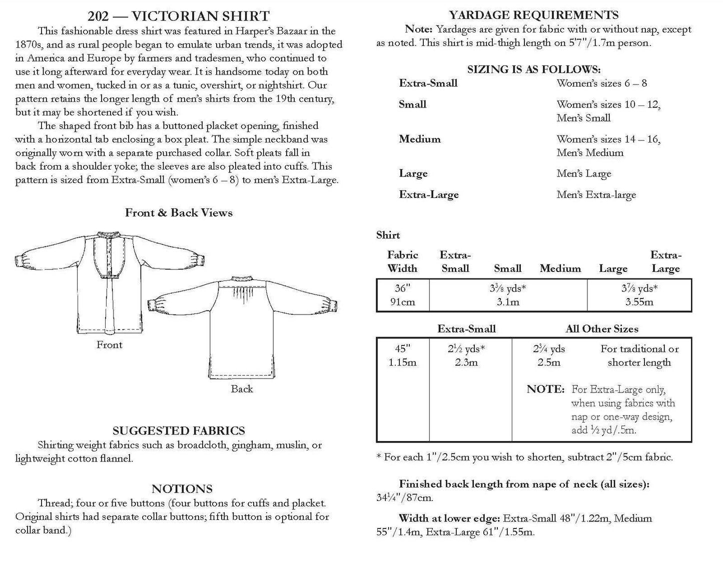 202 Victorian Shirt - Sewing Pattern