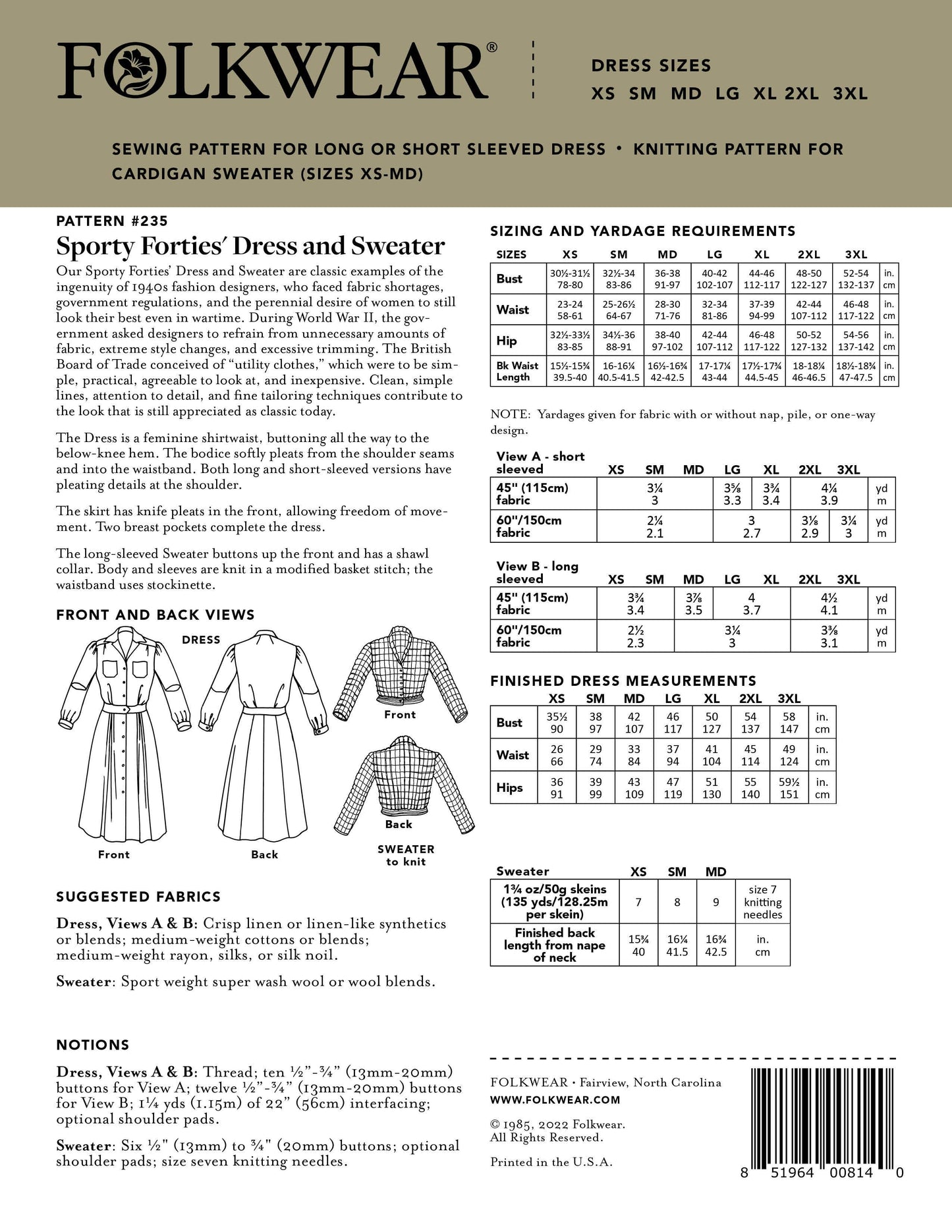 235 Sporty Forties' Dress  - Sewing Pattern